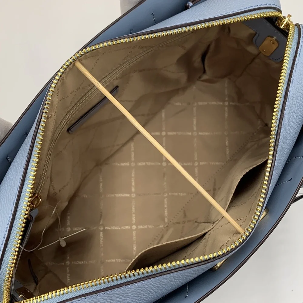 MICHAEL KORS MERCER MEDIUM TOP ZIP BELTED SATCHEL BROWN/ PALE BLUE SIGNATURE - Picture 11 of 16